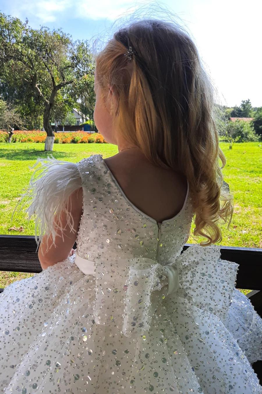 A-line White Glitter Sequins Short Flower Girl Dress with Bow and Feather