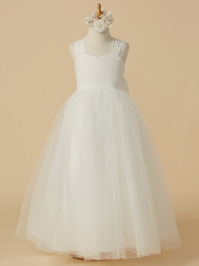 Long A-line Sleeveless Tulle Floor Length First Communion Flower Girl Dresses
