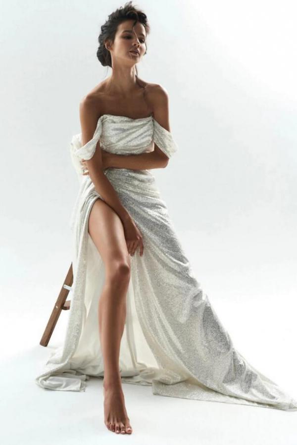 Simple Long Mermaid Off the Shoulder Sequined Wedding Dress with Slit