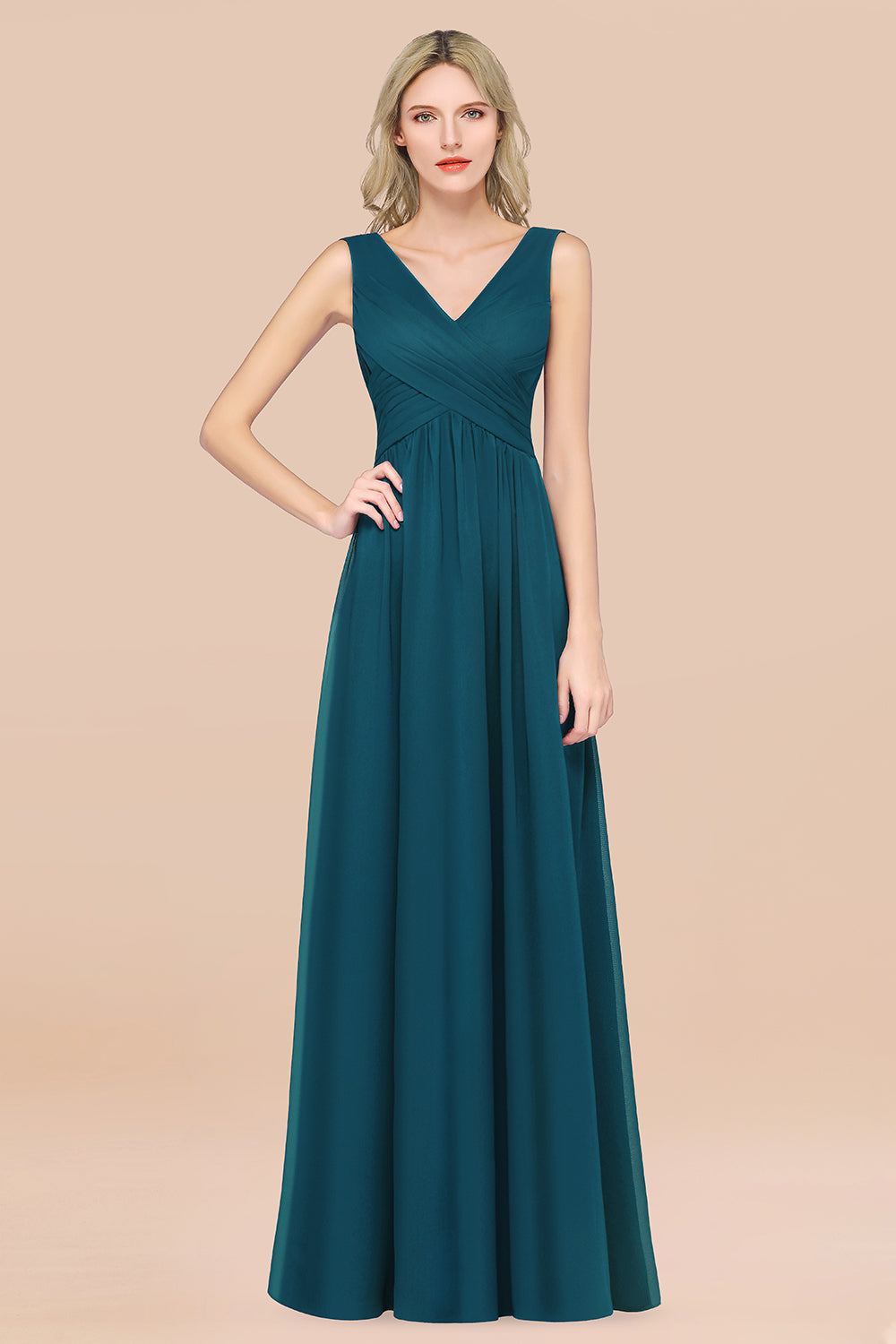 A-Line Chiffon Straps V-Neck Sleeveless Floor Length Bridesmaid Dress with Ruffles