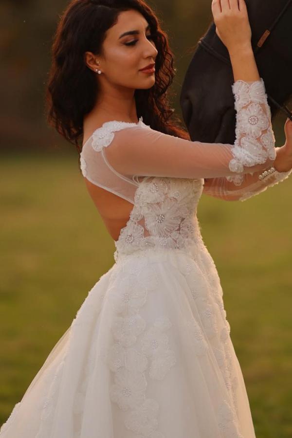 A-Line V-neck Lace Tulle Long Wedding Dresses with Sleeves