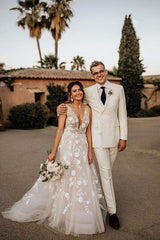 Long Straps V-neck Appliques Lace A-ine Boho Wedding Dresses