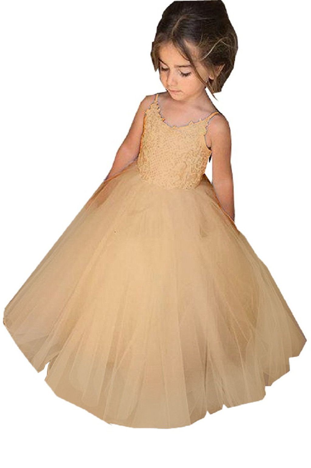 Long Tulle Lace Square Neckline Sleeveless Ball Gown Flower Girls Dress