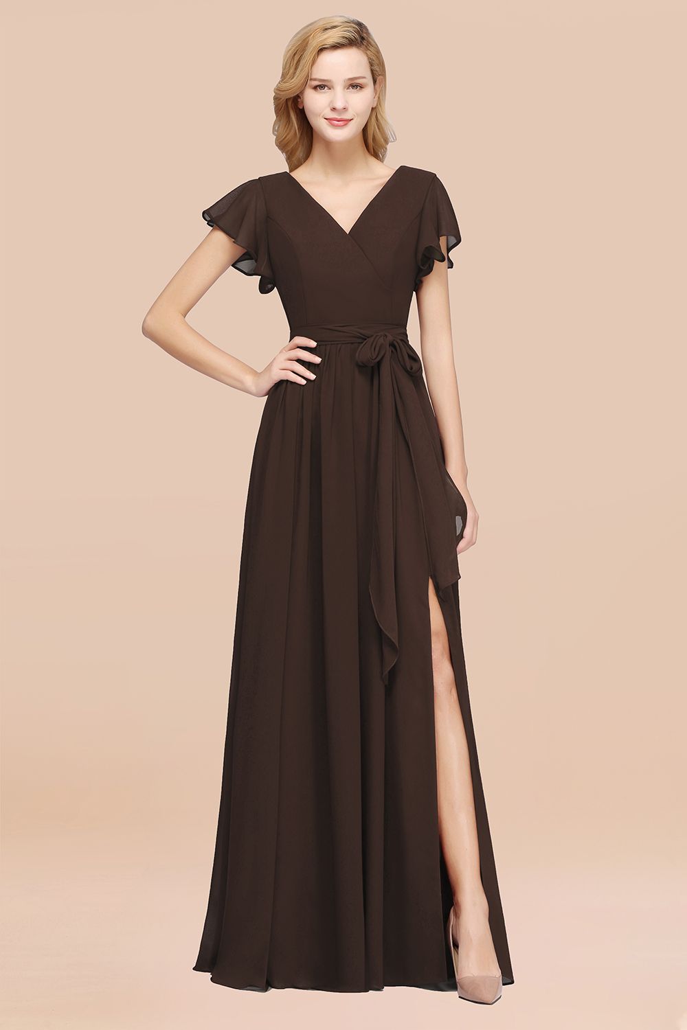 A-line Chiffon V-Neck Short Sleeves Floor Length Bridesmaid Dresses with Bow Sash