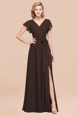 A-line Chiffon V-Neck Short Sleeves Floor Length Bridesmaid Dresses with Bow Sash