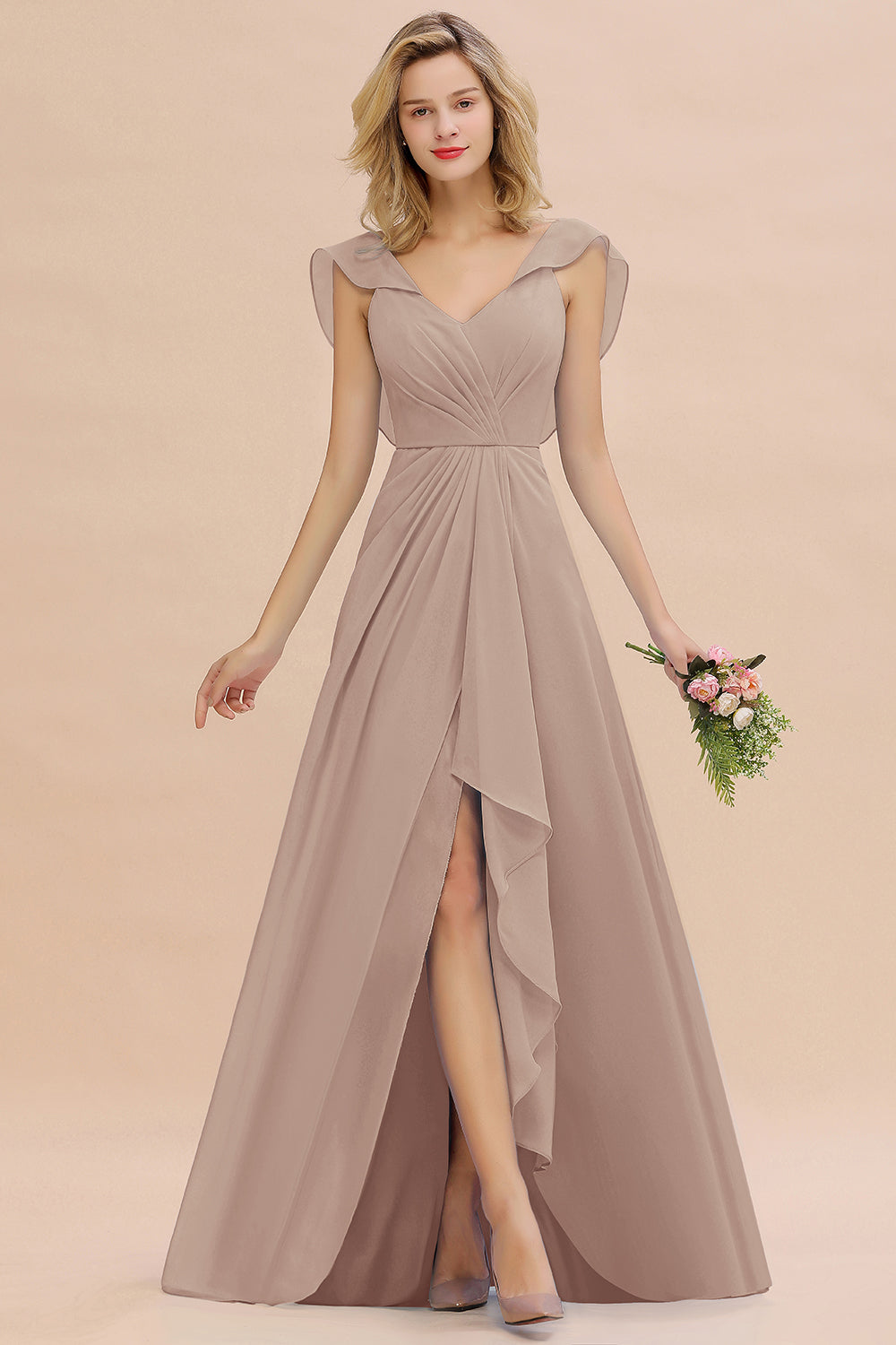 Simple High Low A-line V-Neck Ruffles Chiffon Bridesmaid Dress