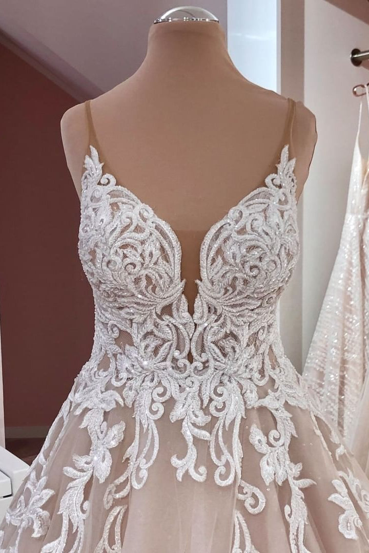 Long Spaghetti Straps A-Line Sequin Tulle Appliques Lace Wedding Dress