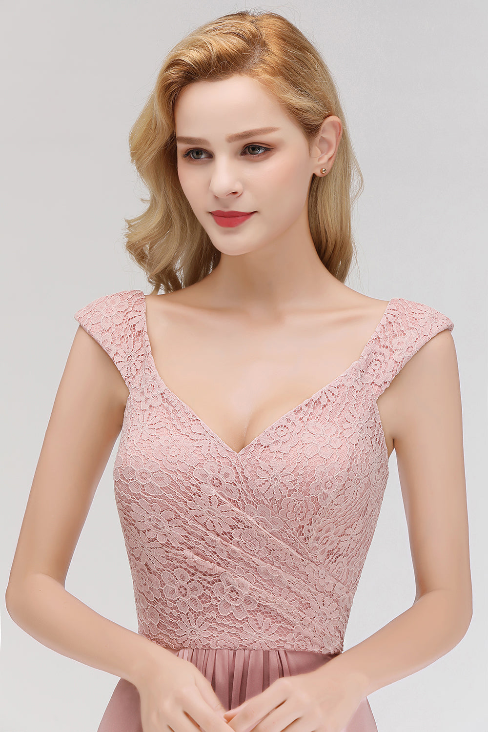 A-line Long V-neck Sleeveless Lace Chiffon Bridesmaid Dresses
