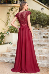 Scoop Neck Aline Chiffon Long Dress Off The Shoulder Floral Lace Bridesmaid Dress