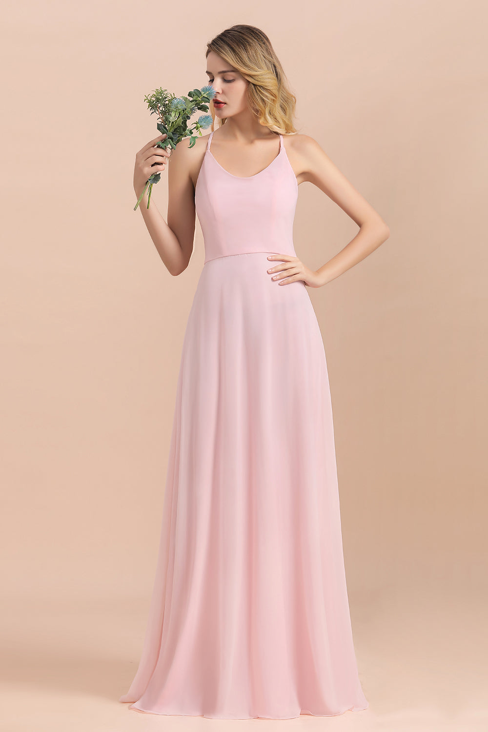 Elegant Spaghetti Straps Scoop Neck A-Line Chiffon Floor Length Bridesmaid Dress