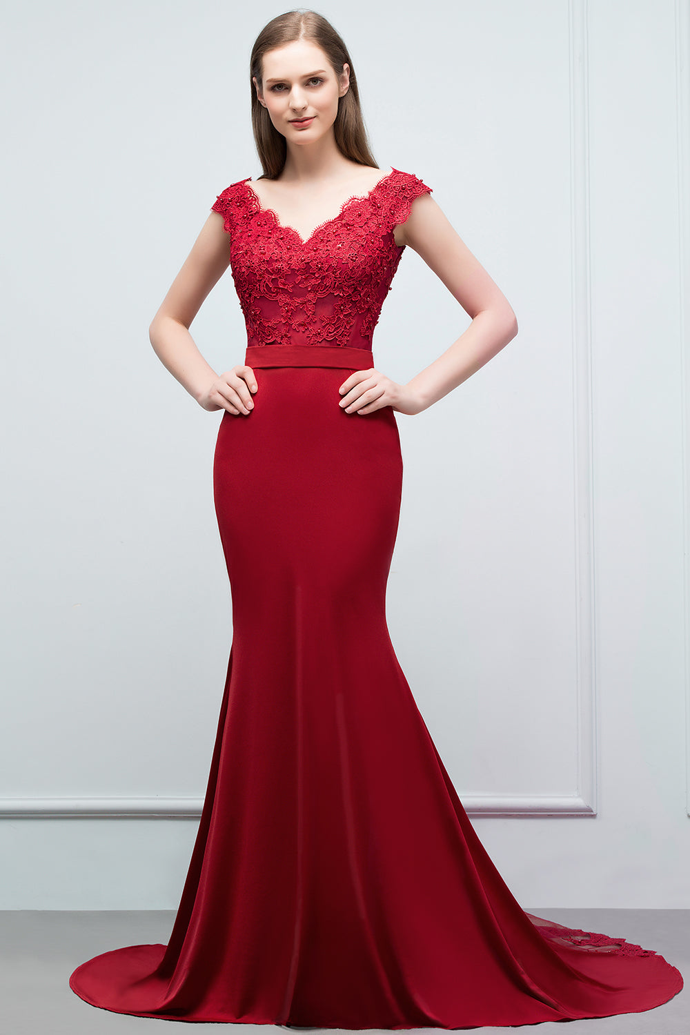 Red Long V-neck Stretch Satin Mermaid Evening Dress