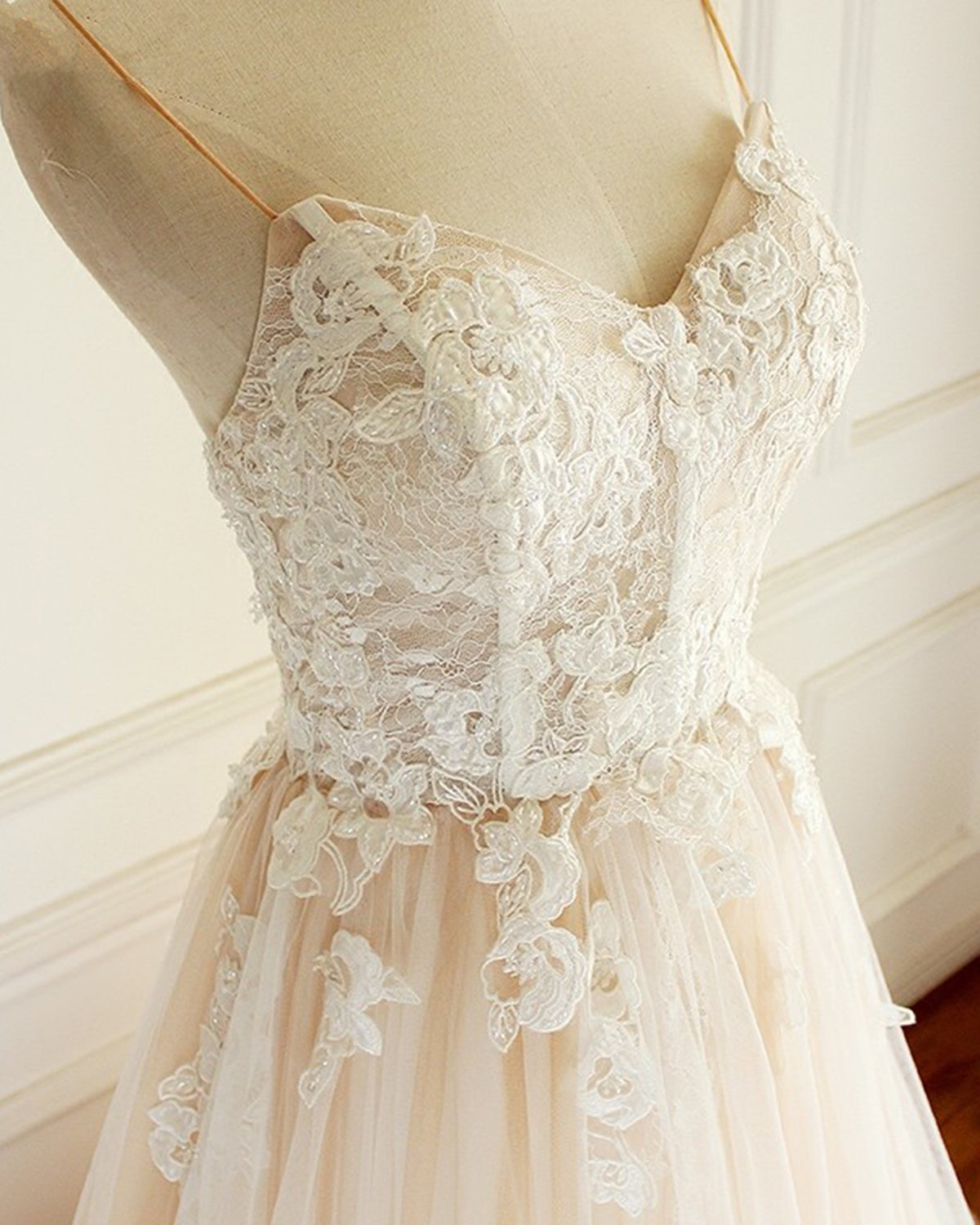 Long A-line Sweetheart Tulle Spaghetti Sweep Train Wedding Dress