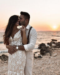 Elegant Long Mermaid V-neck Floral Lace Backless Wedding Dress