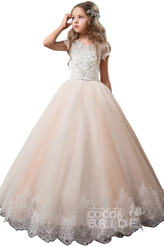 Long Scoop Neck Tulle Lace Ball Gown Flower Girl Dress