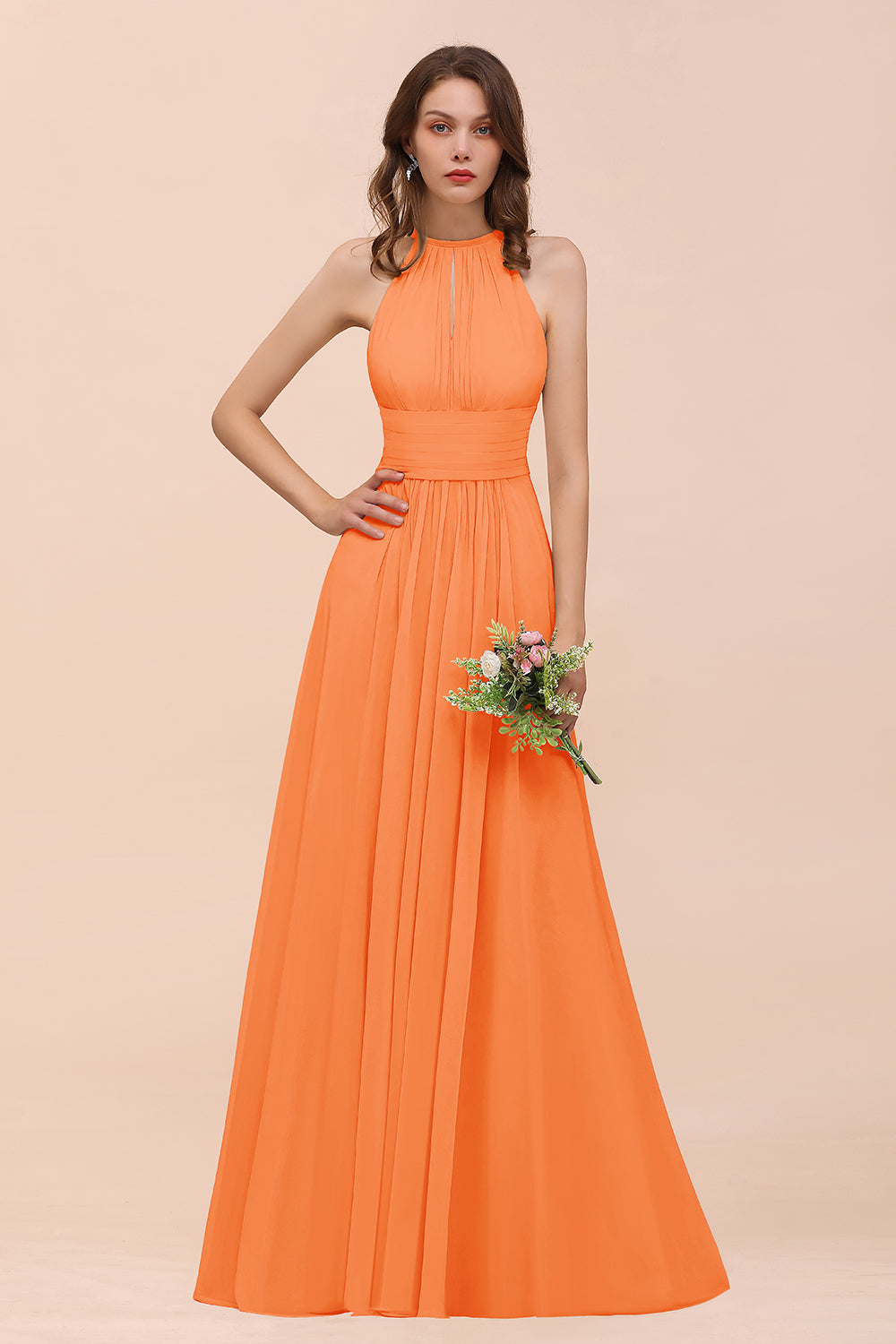 Elegant Long A-Line Jewel Ruffle Chiffon Champagne Bridesmaid Dress