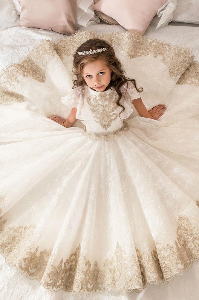 Long Scoop Neck Short Sleeves Ball Gown Flower Girl Dress