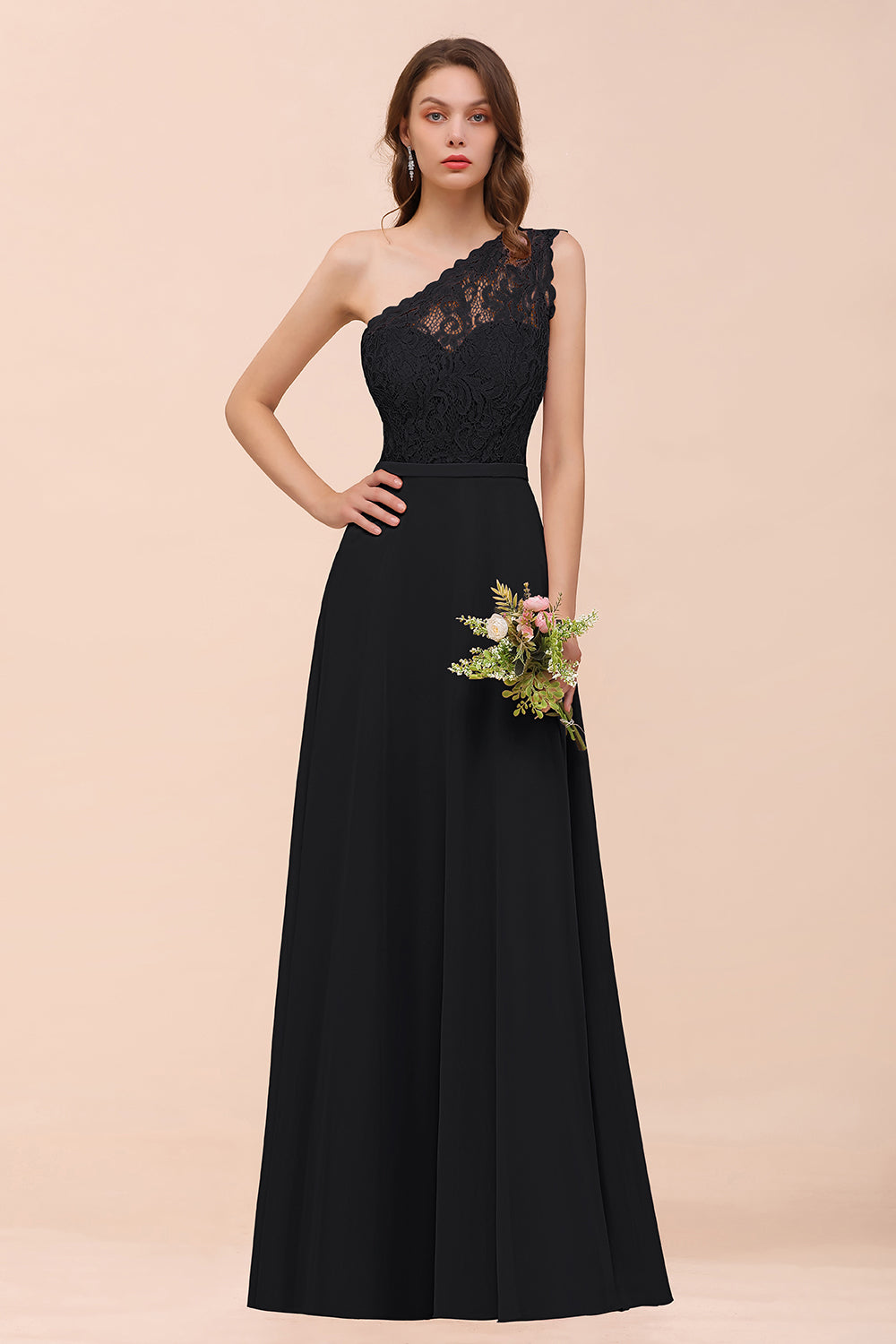 Classy One Shoulder Appliques Lace Floor Length A-Line Chiffon Bridesmaid Dress