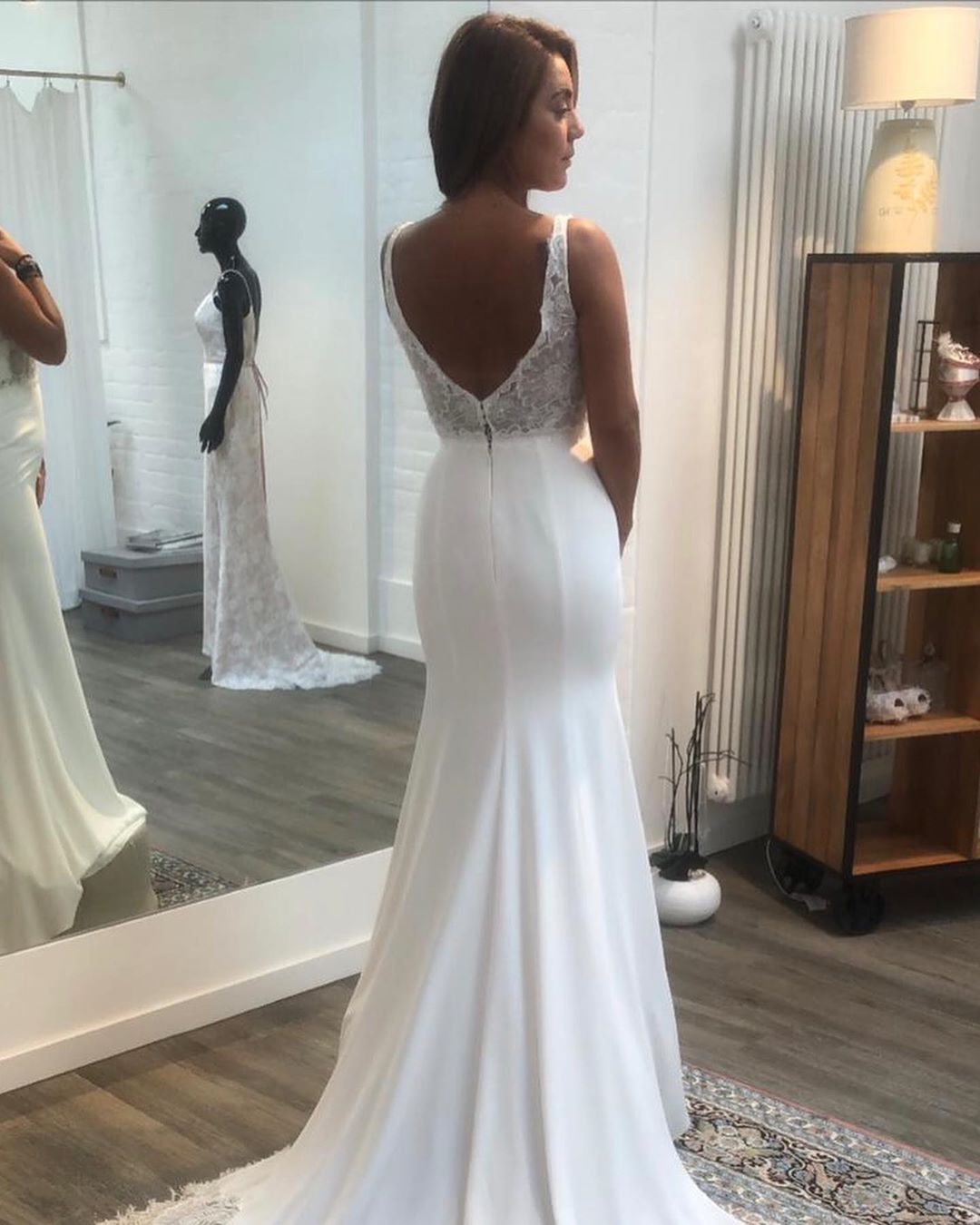 Simple Long V-neck Open Back Spaghetti Straps Appliques Lace Satin Mermaid Wedding Dress