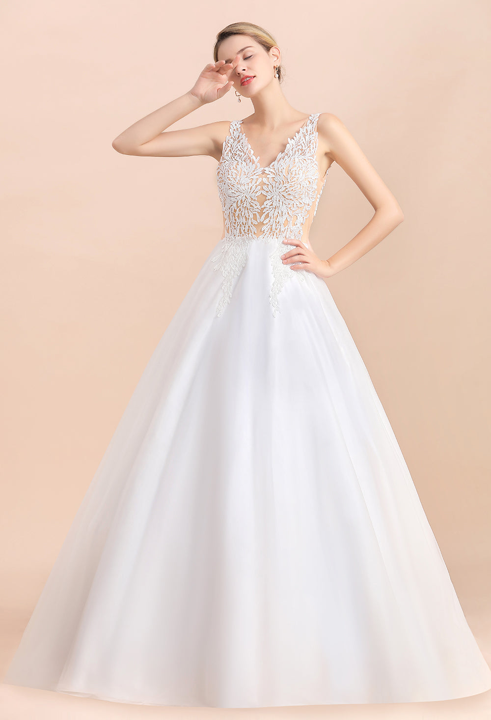 Long A-line Straps Tulle Appliques V-Neck Lace Boho Wedding Dress