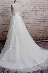 Long A-line Illusion Lace Tulle Chapel Train Backless Wedding Dress