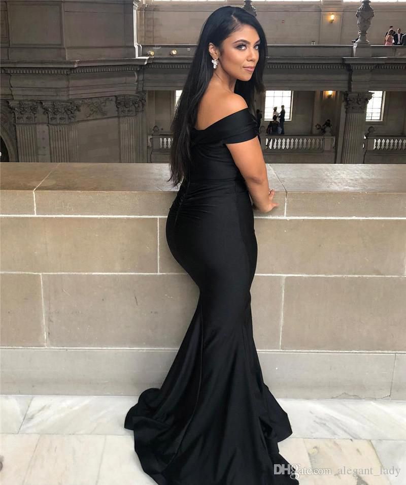 Black Long Off the Shoulder Floor Length Backless Mermaid Prom Dress