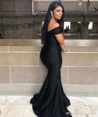 Black Long Off the Shoulder Floor Length Backless Mermaid Prom Dress