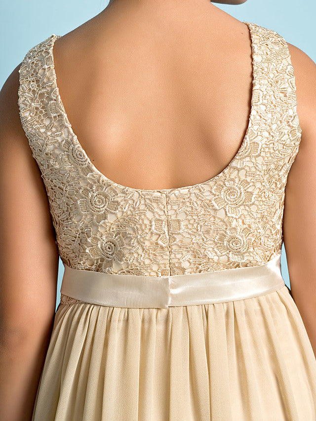 Long A-Line Scoop Neck Floor Length Chiffon Lace Junior Bridesmaid Dress