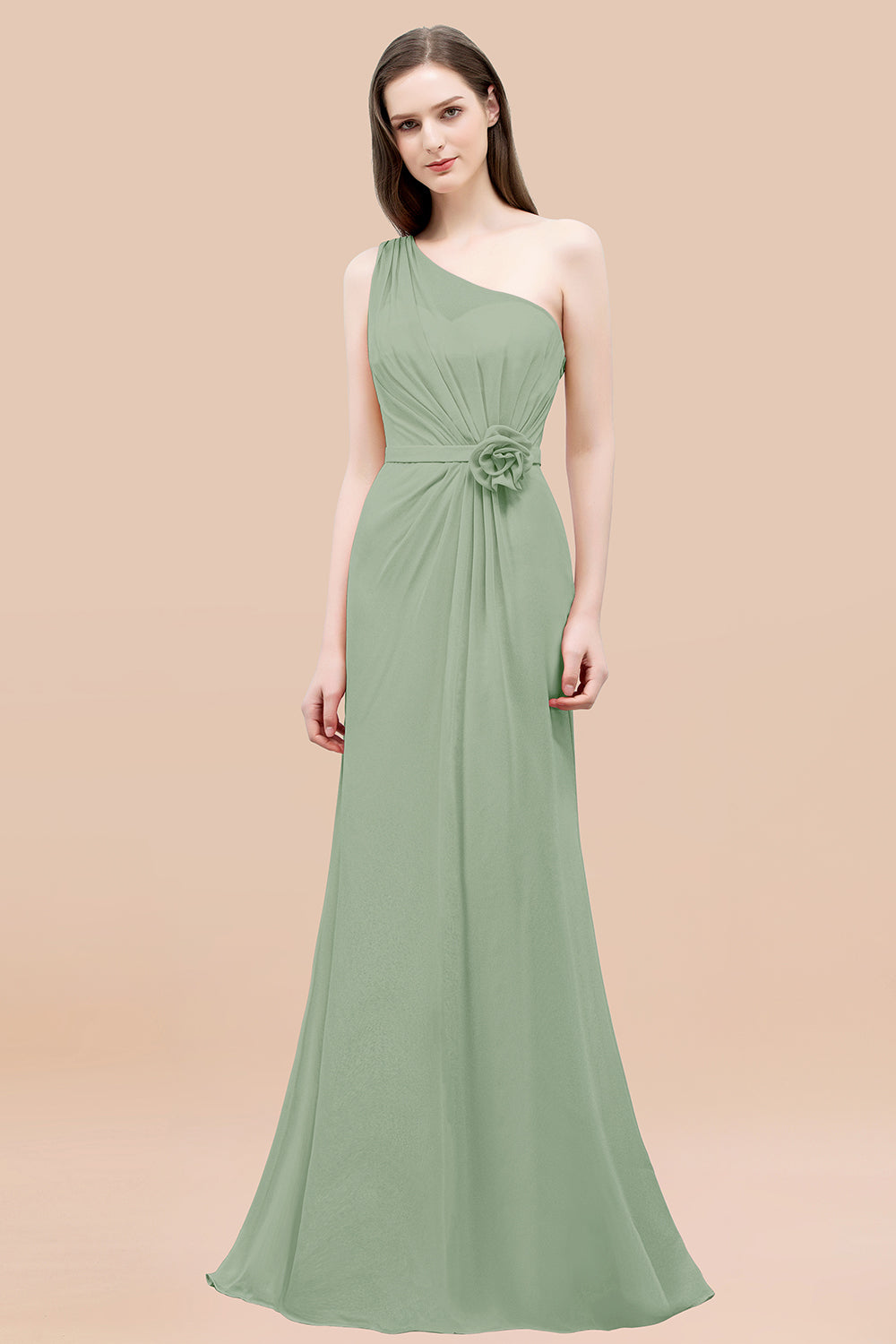 Mermaid Chiffon One Shoulder Sleeveless Ruffled Floor Length Bridesmaid Dresses with Flower