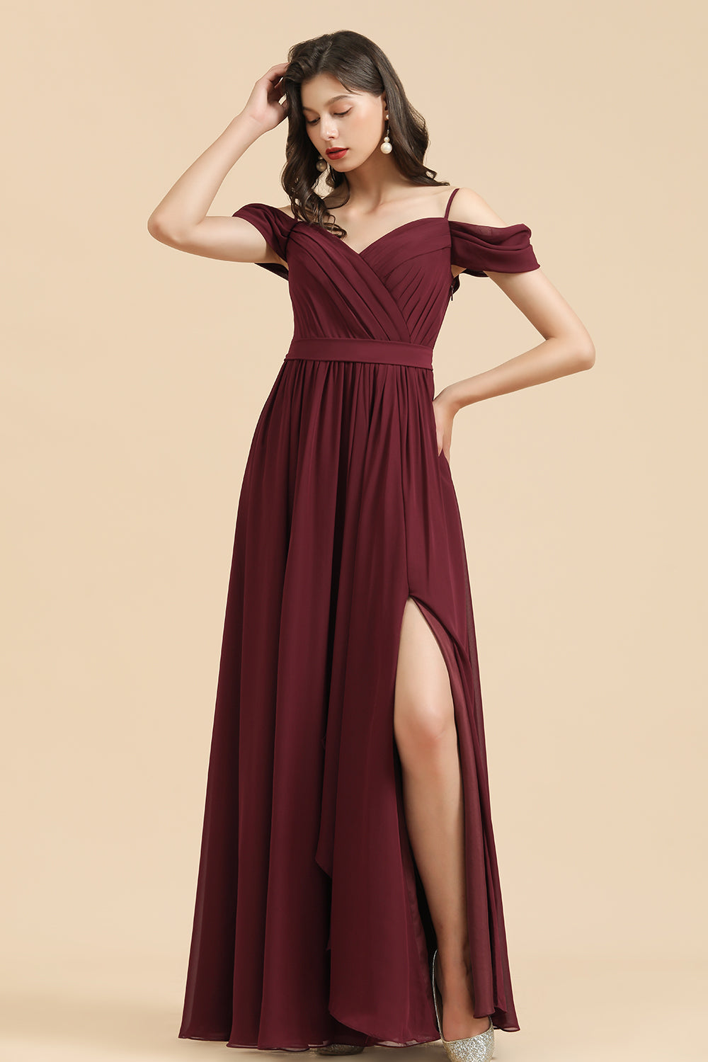 Long A-line Off the Shoulder Chiffon Bridesmaid Dress with Slit Burgundy Evening Maxi Dress