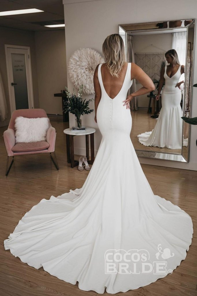 Simple Long V Neck Mermaid Satin Backless Wedding Dresses with Train