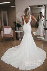 Simple Long V Neck Mermaid Satin Backless Wedding Dresses with Train