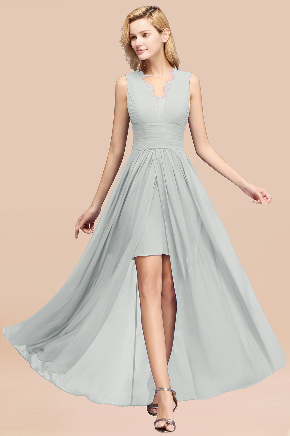 Lace Chiffon Jewel Sleeveless Ruffles Short Bridesmaid Dress