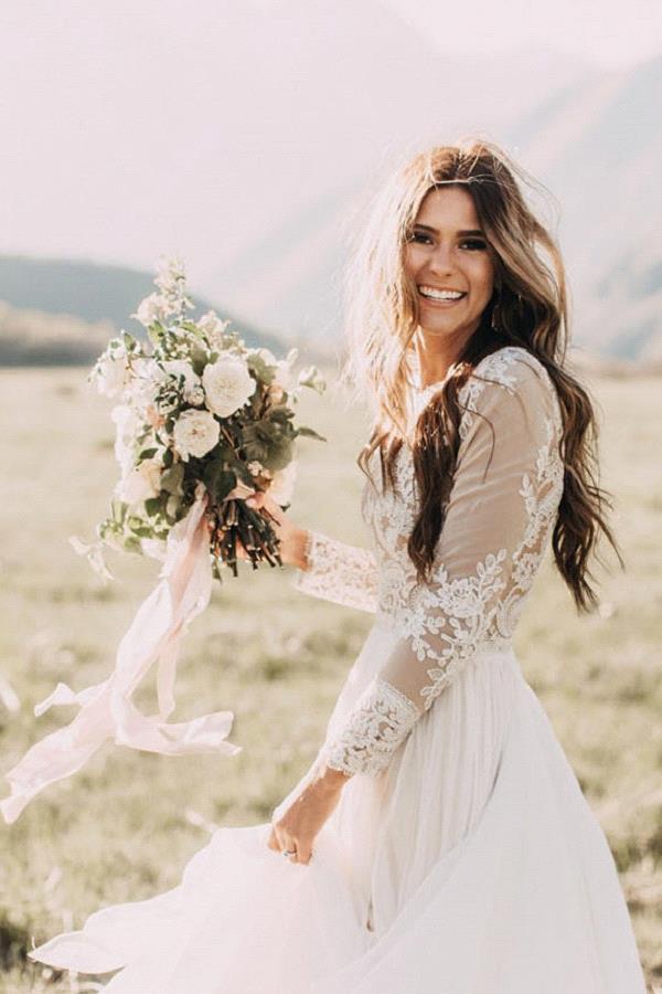 Long Appliques Lace Chiffon A-line Wedding Dress with Long Sleeves