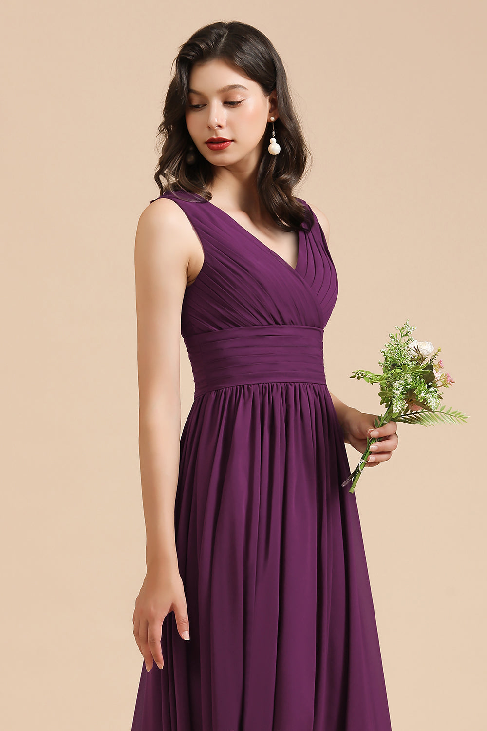 Elegant Long A-line V-neck Ruched Chiffon Bridesmaid Dress