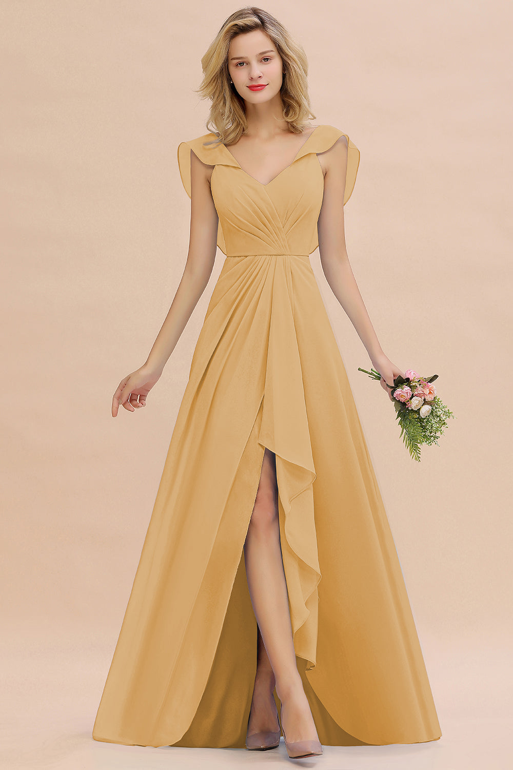 Simple High Low A-line V-Neck Ruffles Chiffon Bridesmaid Dress