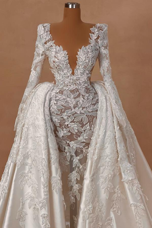 Long Sleeve Mermaid Tulle Appliques Wedding Dress with Detachable Train