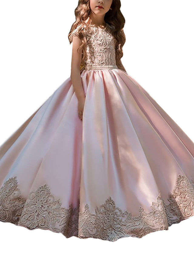 Ball Gown Long Satin Jewel Neck Flower Girl Dresses with Cap Sleeve