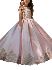 Ball Gown Long Satin Jewel Neck Flower Girl Dresses with Cap Sleeve