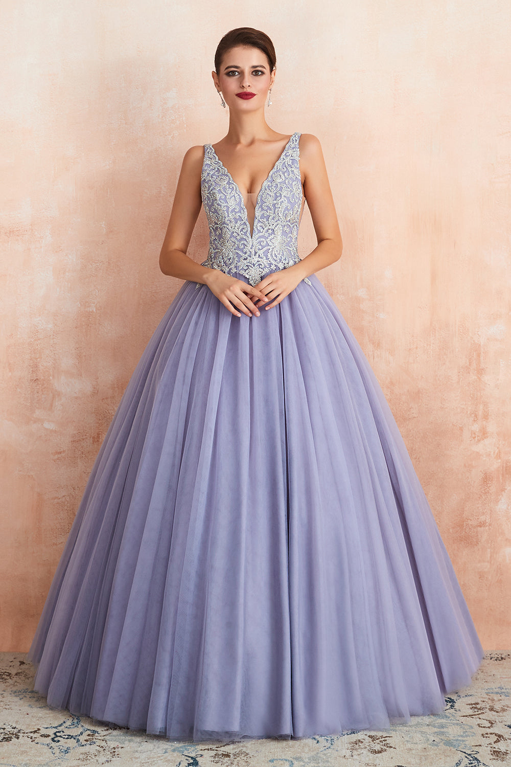 Long Ball Gown V-neck Tulle Lace Prom Dress