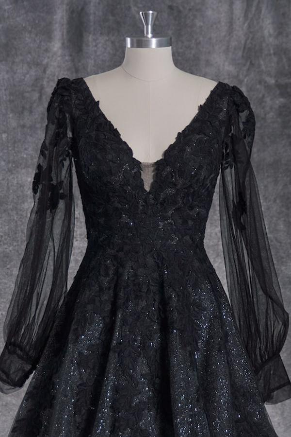 Black Long A line V-neck Backless Lace Wedding Dresses with Sleeves