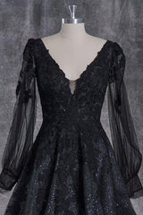 Black Long A line V-neck Backless Lace Wedding Dresses with Sleeves