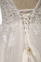 V Neck Long Lace White Lace Sweep Train A-line Wedding Dress