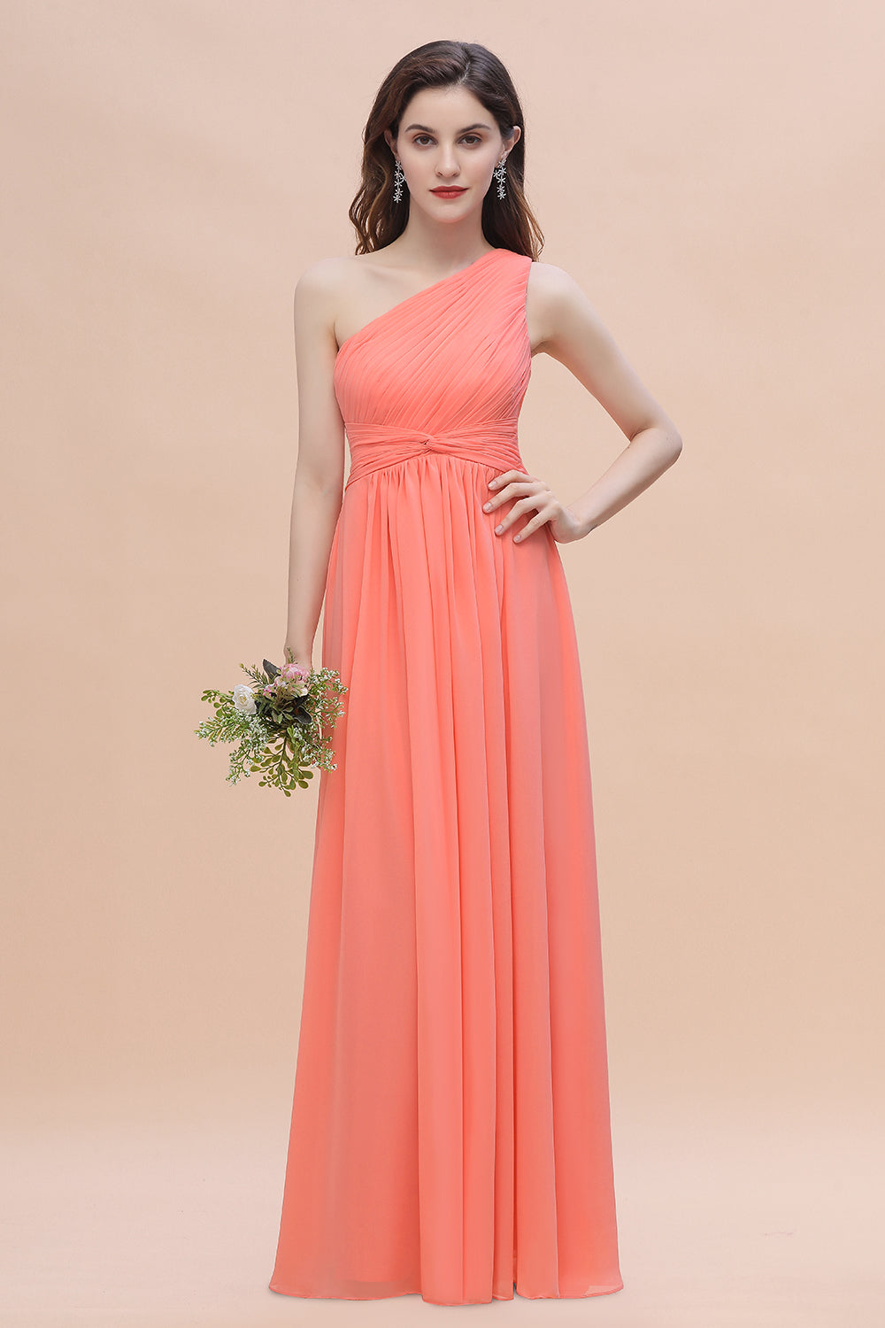 One Shoulder Chiffon Bridesmaid Dress A-Line Long Wedding Guest Dress