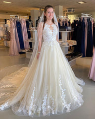 Classy Long Bateau Appliques Lace Floor Length Tulle Ruffles Backless A-Line Wedding Dress
