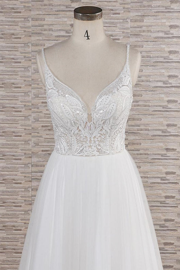 Chic Long A-line Spaghetti Strap Appliques Tulle Wedding Dress