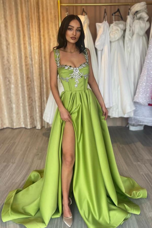 Long A-Line Spaghetti Straps Ruffled Satin Prom Dress with Front Split