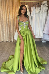 Long A-Line Spaghetti Straps Ruffled Satin Prom Dress with Front Split