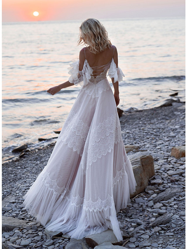Long A-Line V Neck Lace Tulle Backless Wedding Dresses with Short Sleeve