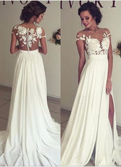 Elegant Long A-Line Chiffon Appliques Lace Ruffles Wedding Dress With Side Slit
