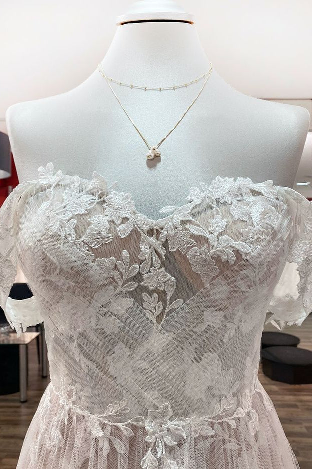 Gorgeous Long A-line Off the Shoulder Tulle Appliques Lace Ruffles Wedding Dress